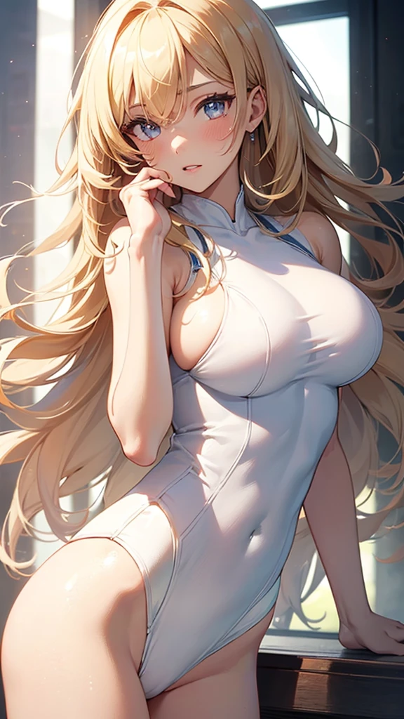 1girl,large breasts,blonde hair,long hair,(white leotard:1.5),cameltoe,blush,masterpiece,Noise Reduction,perfect anatomy,high resolution, ultra-detailed, ultra-detailed face,game cg,dutch angle ,beautiful detailed eyes,visualart,five fingers, perfect hands, perfect lighting, sparkling pupils,