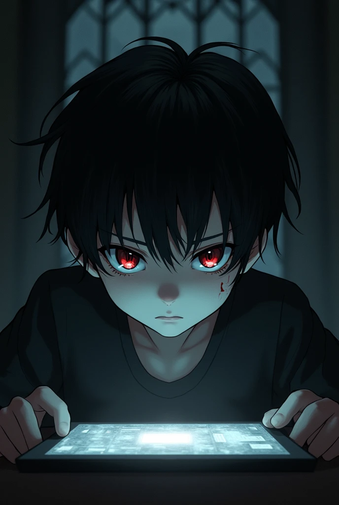 In the dark castle manor,A black-haired boy stares at the screen with ease and indifference,There is a little blood on the cheek,Deep red pupils