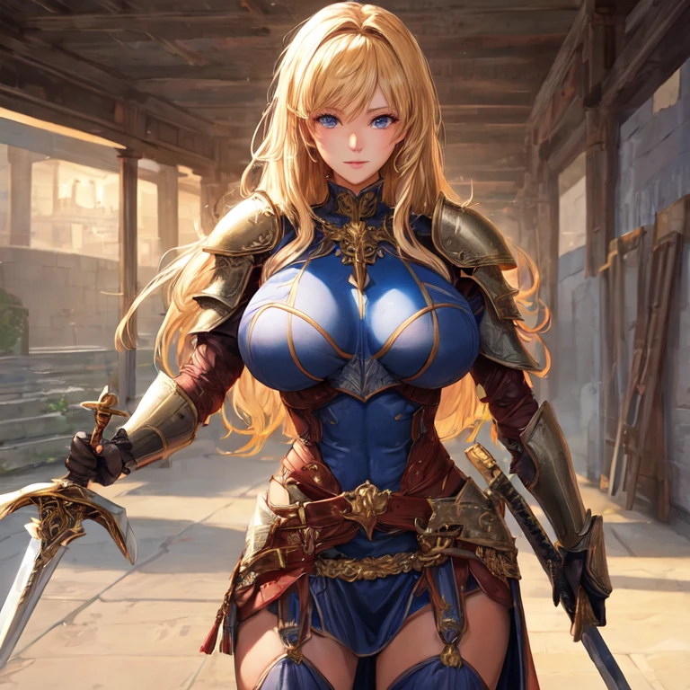 Beautiful mature milf mother with golden hair blue eyes and big breasts and fully dressed in armor with a sword