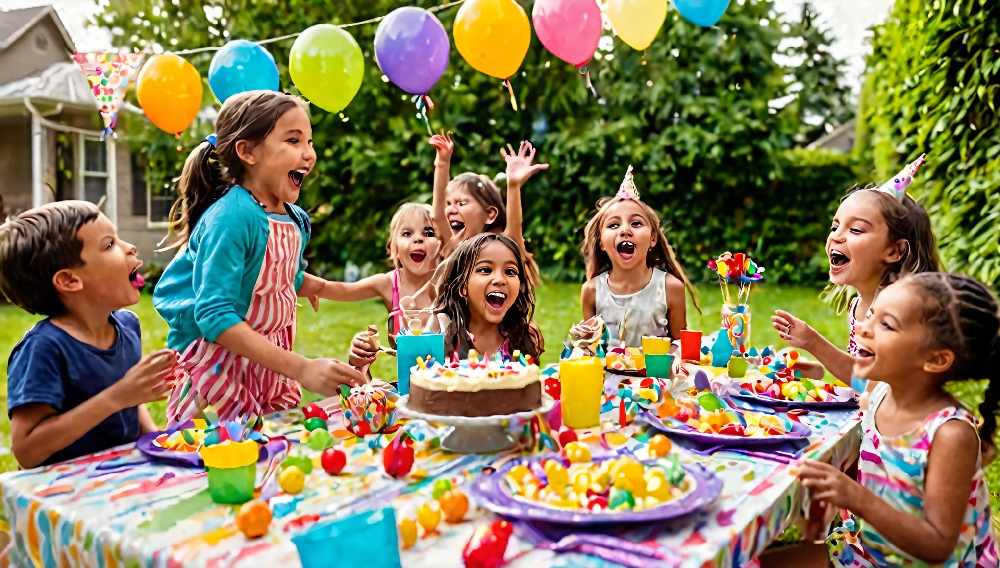 A party of children (ages 5 to 8, varied sex, varied race), back yard, running around and playing having fun table with food and birthday decorations off to one side, scene of happiness