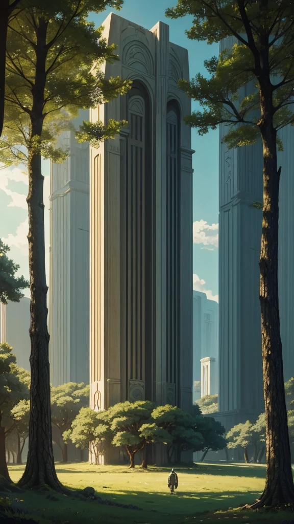 ralph-mcquarrie style, greek architecture done in a sci-fi style on a beautiful forest and meadow scene with tall buildings and open green spaces, oil painting, beautiful, highly detailed, 4k anime