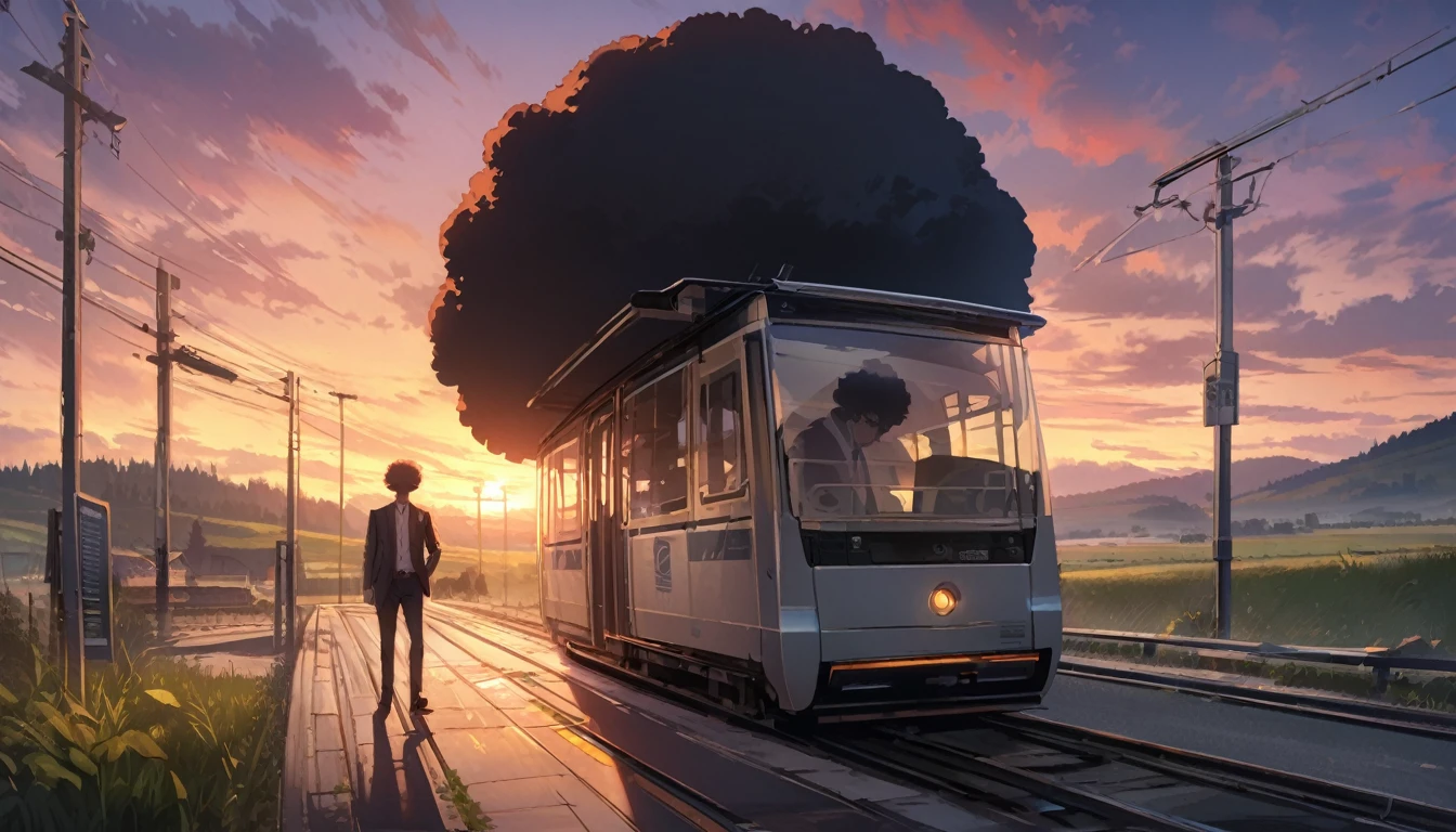 A man with an afro and sunglasses、school uniform、Raise one hand、Rural landscape、Scenery of Showa、Unmanned tram station、Sunset sky、The shadow of the woman looms over the man、Nostalgic atmosphere、Masterpiece、