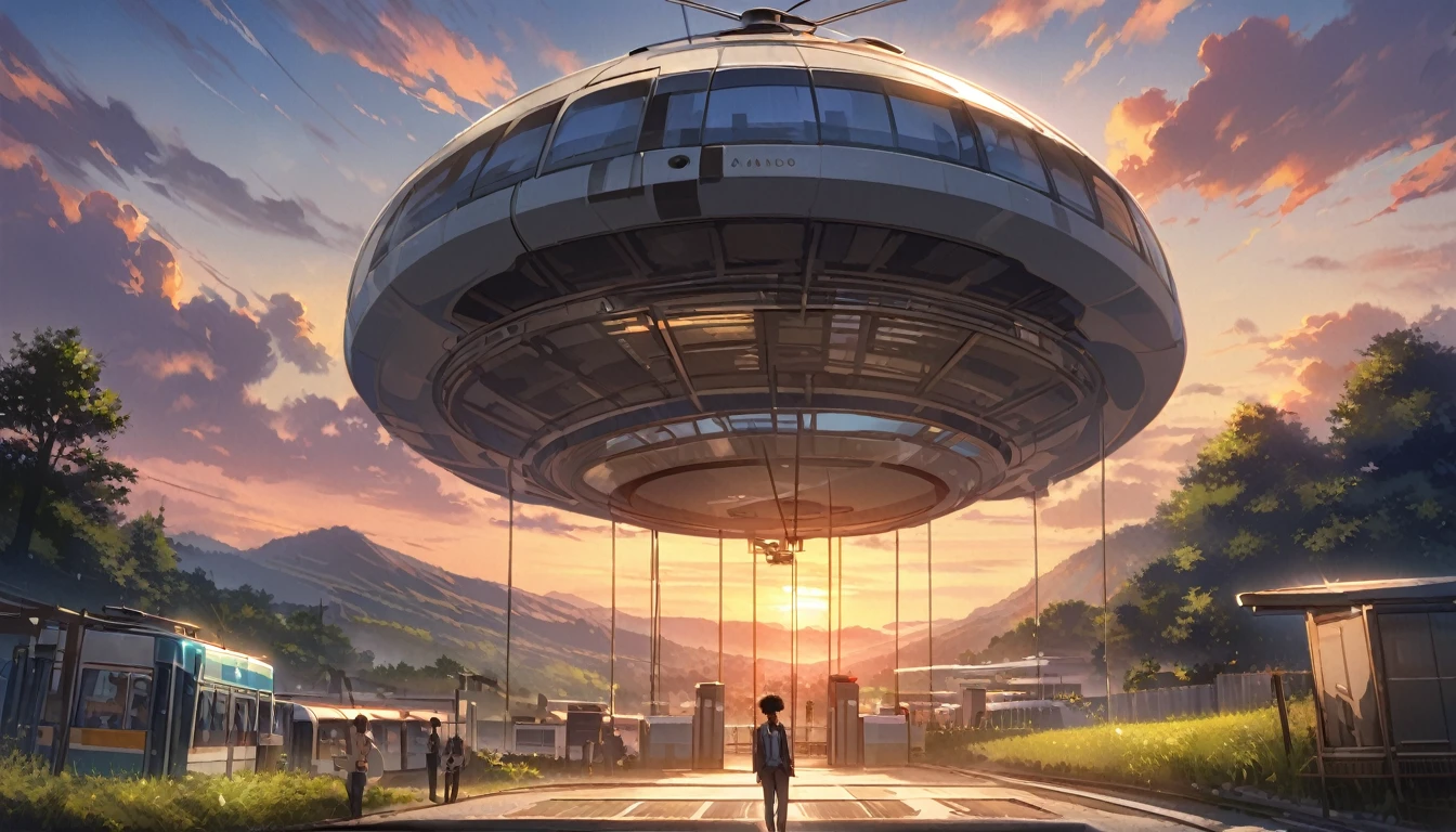 A man with an afro and sunglasses、school uniform、Raise one hand、Rural landscape、Scenery of Showa、Unmanned tram station、Sunset sky、The shadow of the woman looms over the man、Nostalgic atmosphere、Masterpiece、