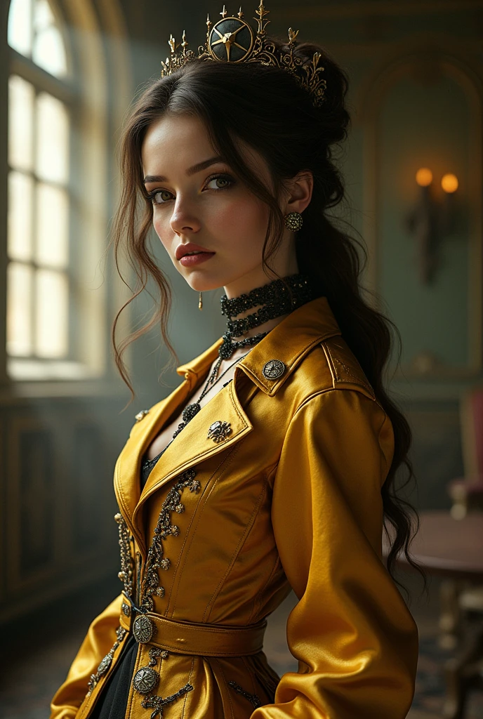 A whimsical Victorian gothic steampunk maiden, adorned in a golden jacket, captured in a low-angle shot. Surreal lighting casts enchanting shadows, enhancing her cute yet mysterious aura, inside room, .
