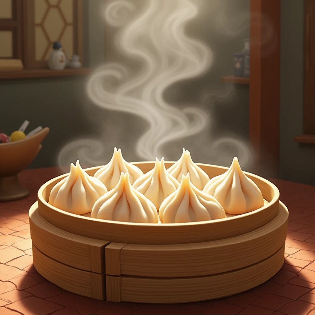 A bamboo cage,There are dumplings inside,Steam,breakfast,Chinese cuisine,Disney style