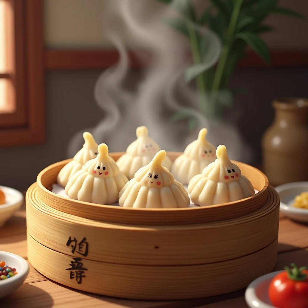 A bamboo cage,There are dumplings inside,Steam,breakfast,Chinese cuisine,Disney style