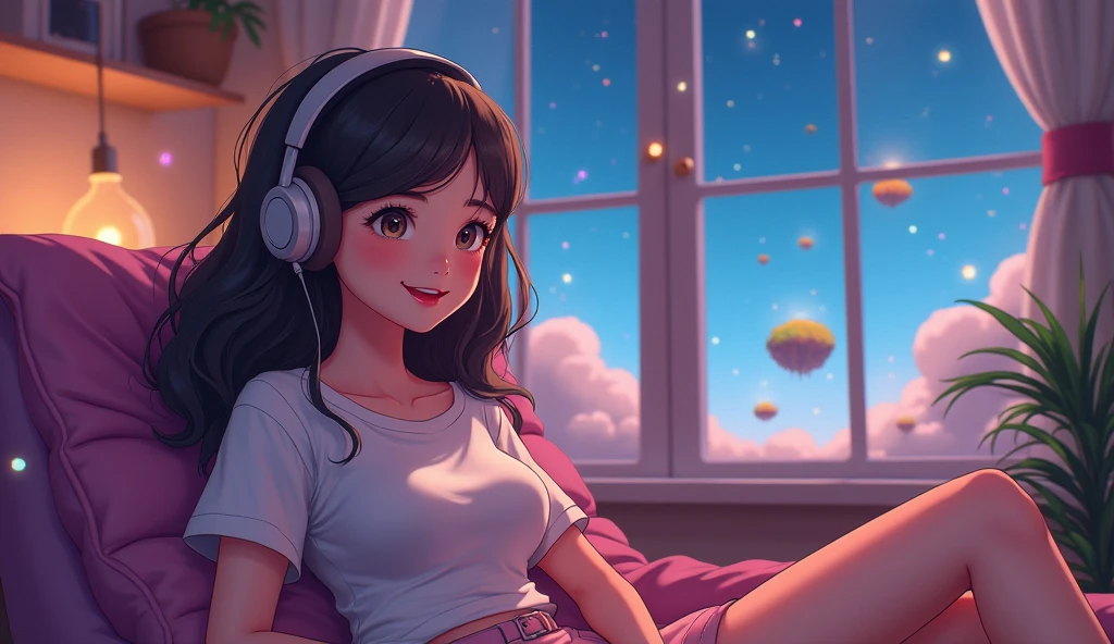 Perfect image, 8k, High school girl listening to music in a cozy room,Big Breasts、 Using headphones, 2D-style animation, Lo-Fi, Magical World、A big smile、Shine