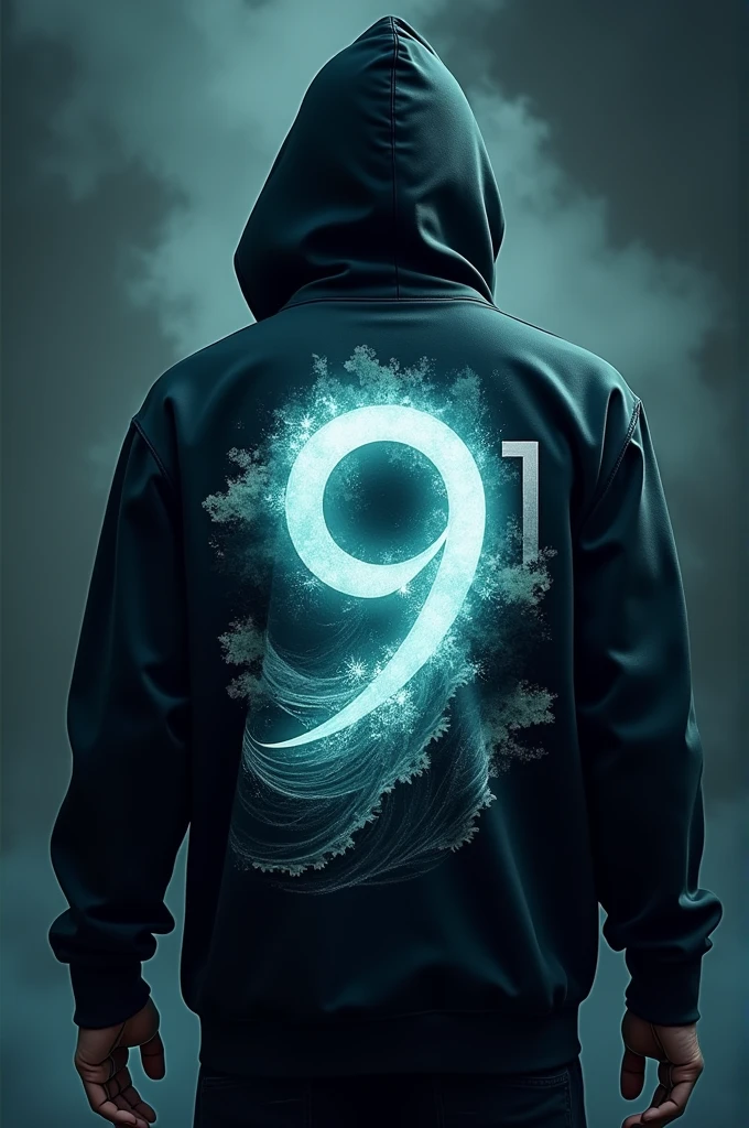 A hoodie with dark color and 9.1 logo at left chest and 9.1 word at upper back and number 9 with shiny white that surrounded by ocean wave with ocean color and blue fire that 