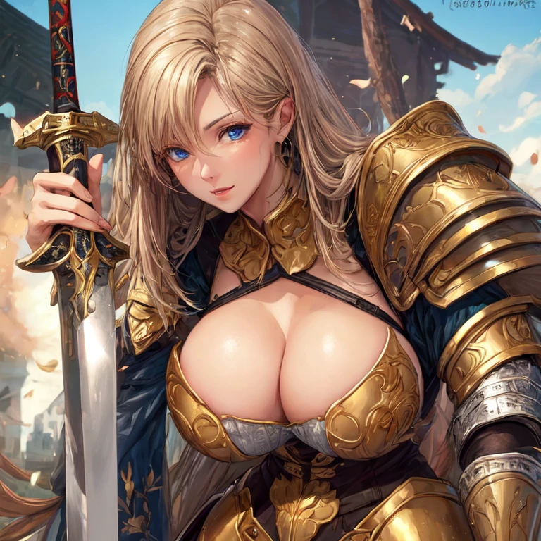 Beautiful mature milf mother with golden hair blue eyes and big breasts and fully dressed in armor with a sword