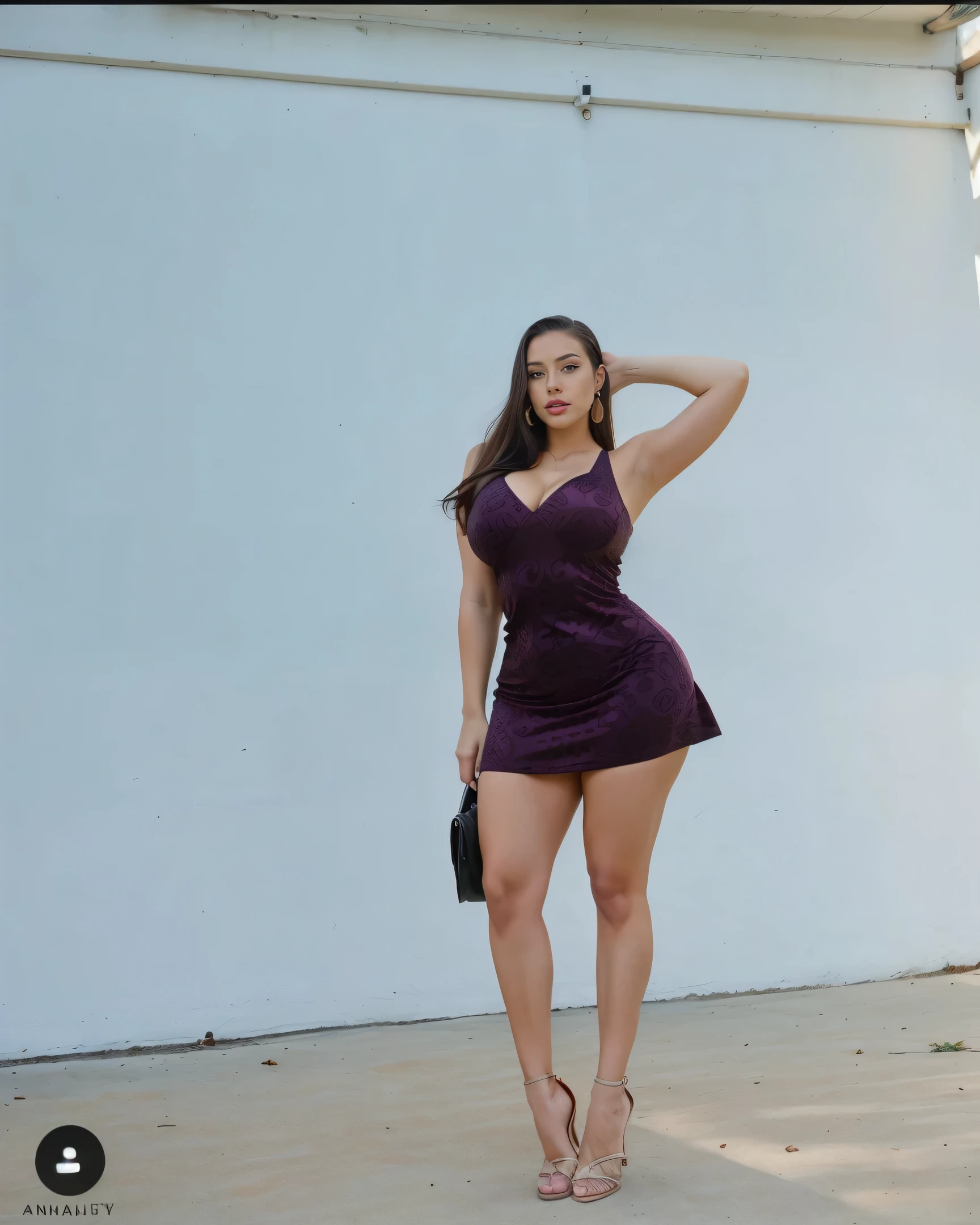 19-year-old woman、Hair color is a gradation of brunette and purple、Eye color is blue、Longhaire、hair is wavy、setting the hairstyle、wearing eye shadow and lipstick、accessories on wrist、Slender but well-proportioned muscular body、a smile、My abs are cracked、The navel is visible、wearing a knit dress、I'm wearing lace-up sandals、I'm wearing a low-rise pleated skirt、I am in a large hall with a marble floor.