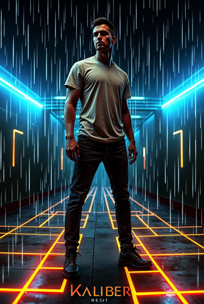 Use this picture to create a neon yellow rainy grid like background with the man from the image on the front and the word Kaliber on the bottom