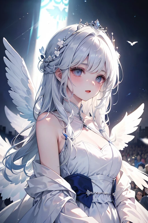 A cold girl with silver hair in a fluttering white and blue dress flies on huge translucent wings into the darkness towards the crowd: a strong man with black hair in scarlet and black flowing clothes stands at the front of the crowd, and behind him an army of thousands of monsters