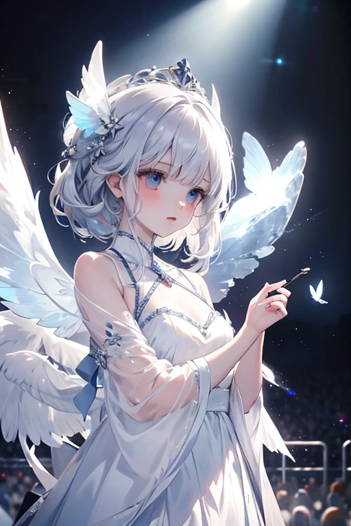 A cold girl with silver hair in a fluttering white and blue dress flies on huge translucent wings into the darkness towards the crowd: a strong man with black hair in scarlet and black flowing clothes stands at the front of the crowd, and behind him an army of thousands of monsters