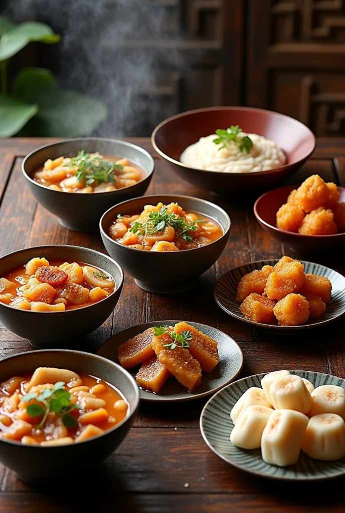 Two bowls of sour bamboo shoots and chicken skin soup on an ancient Chinese table,Two bowls of ginger duck congee,A plate of fried eggplant cubes,A plate of fried wolfberry sprouts with oil and salt,And a plate of steamed chestnut flour cake with osmanthus sugar