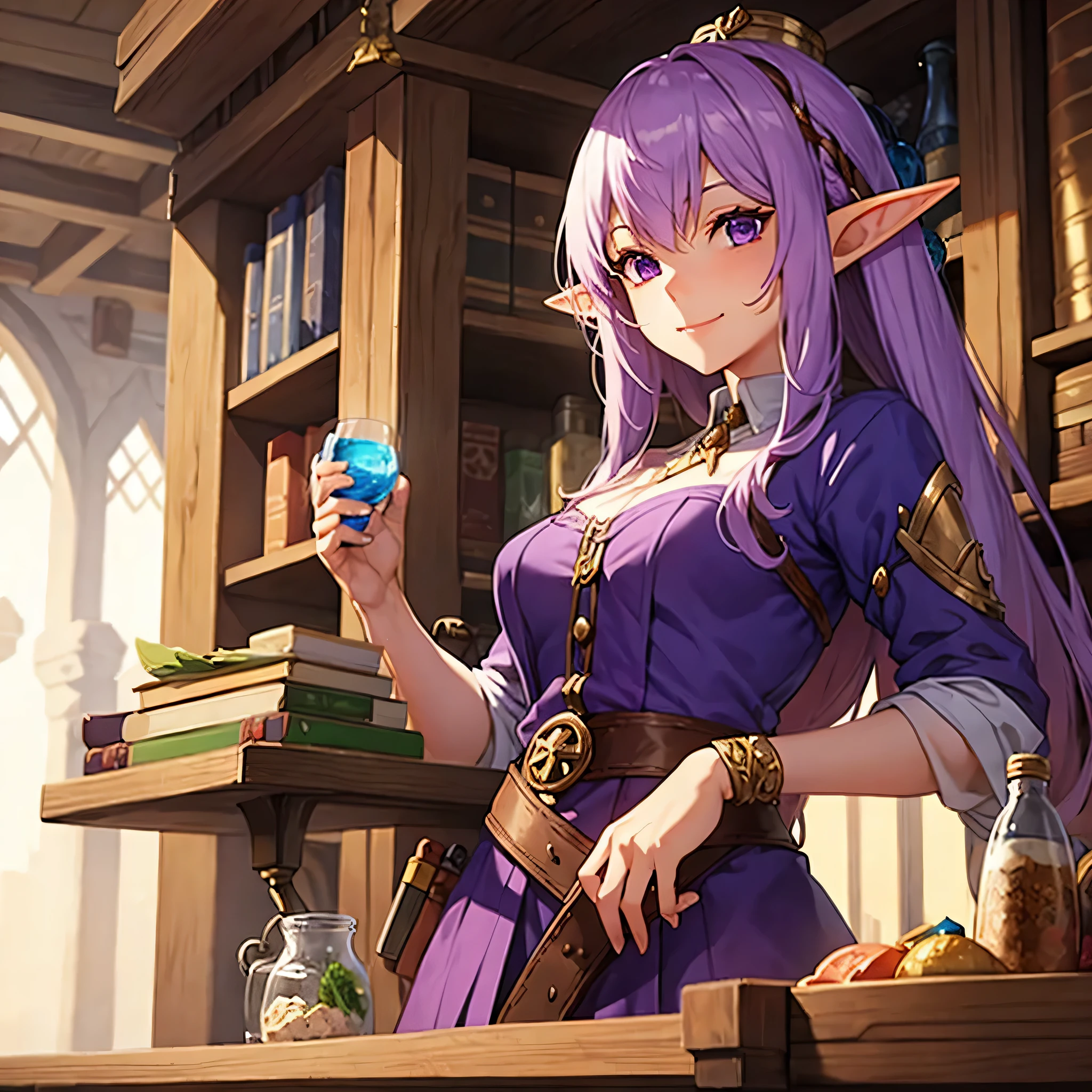 female, elf, purple hair, alchemist, merchant, small smile