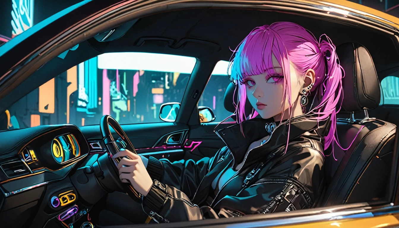 Neon Art,Woman Driving,Holding the handle with the right hand,Holding a cup of coffee in his left hand,Taken from the passenger seat,Highest quality,８K,Expressionless,Have multiple piercings,cyber punk

