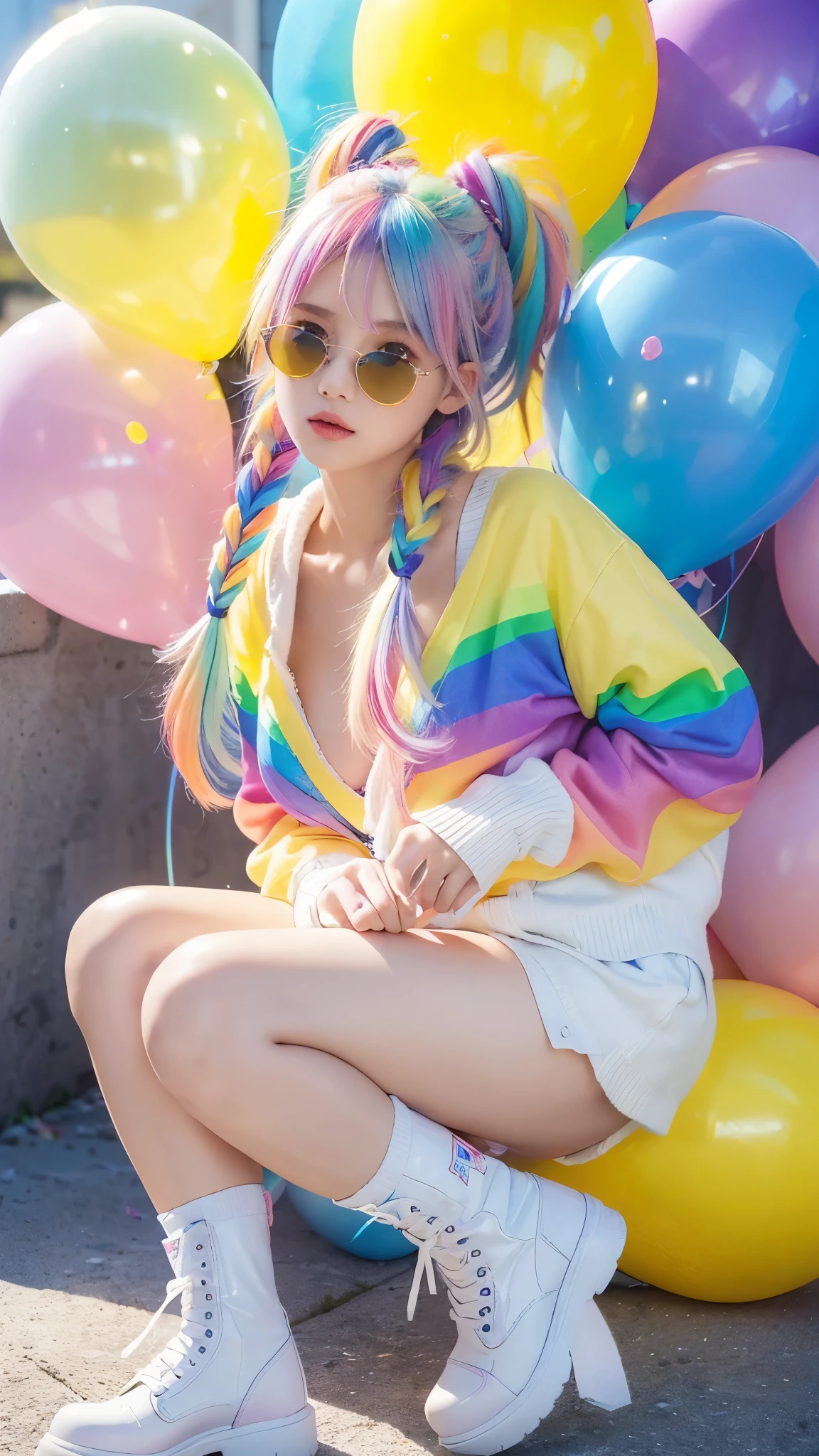 masterpiece, best quality,
1 girl, pretty and cute, (rainbow color Highlight Hair,colorful hair:1.4), wearing blue and purple sunglasses, yellow jacket with white pattern, white sweater, many colored balloons, doll face, ponytail braid, perfect detail eyes, delicate face, perfect cg, HD quality, colored balloons, sky ,black boots,naked,big breasts,big nipples