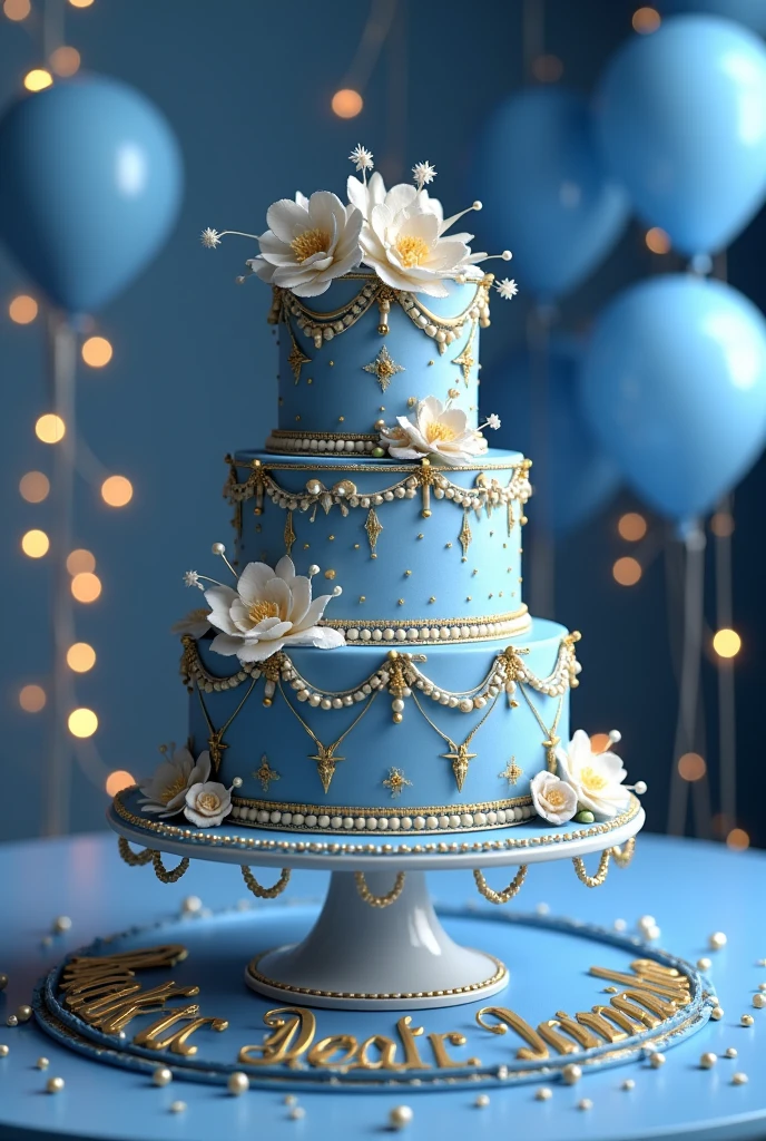 An interesting and delightful 3D rendering of a three-tiered, gold and chocolate birthday cake specially designed for Greysmar. Each level is intricately decorated with flowers, pearls and noble accessories, exuding an air of royalty and sophistication. The message " ARAZ DOGAN IYIKI DOGDUN" elegantly written in various shades of golden yellow adds liveliness to the scene. Blue balloons and twinkling fairy lights surrounding the cake create a magical atmosphere. The cake stands majestically on the resulting blue colored table, further enhancing the festive atmosphere. The entire image reflects joy, excitement and the essence of a special day.