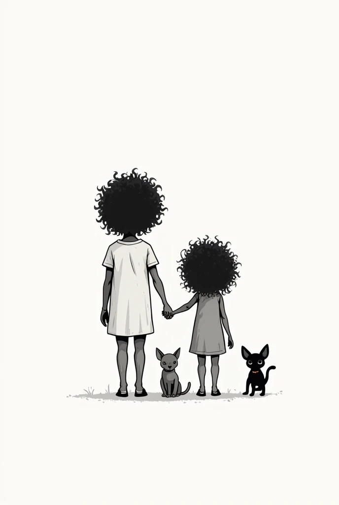 create a black and white tattoo minimalist style vector, where a  with curly hair appears holding hands with a little man with curly hair and next to him a little gray cat with a little black chihuahua, that has a spiritual context , that focuses on love and eternity