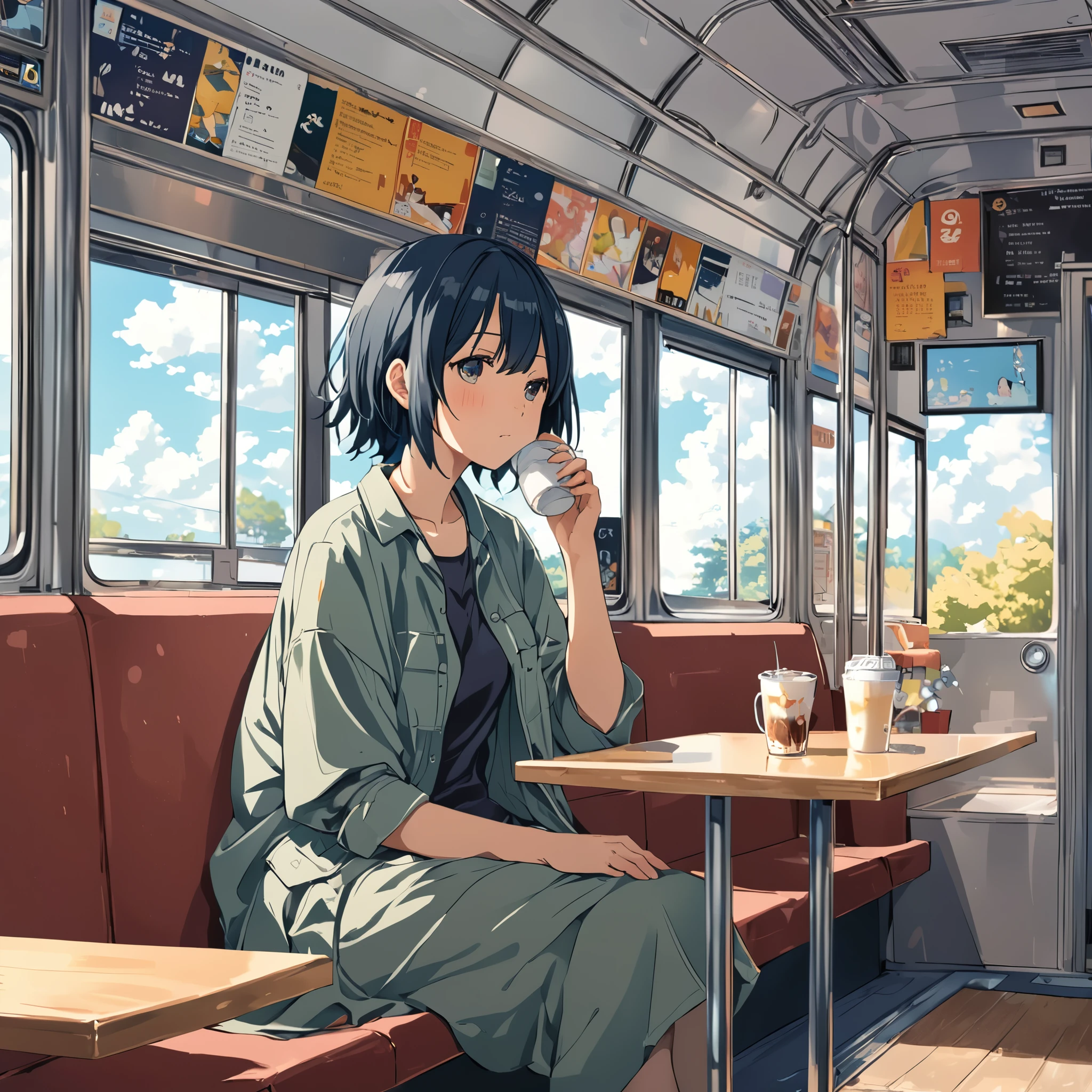 ((anime:1.4,figure)),(masterpiece, Highest quality, Highest quality),(Very detailed, The absolute solution),((16K, High resolution)), (((Cafe next to the bus))), ((anime:1.4,figure)),(masterpiece, Highest quality, Highest quality),(Very detailed, The absolute solution),((16K, High resolution)). break {Lofi Art, Laurie Griesley's style, Makoto Shinkai's Style, anime aesthetic}, break { (Generates images with over 40 million pixels of information with the detailed texture of films shot with Sony SLR cameras。).}
