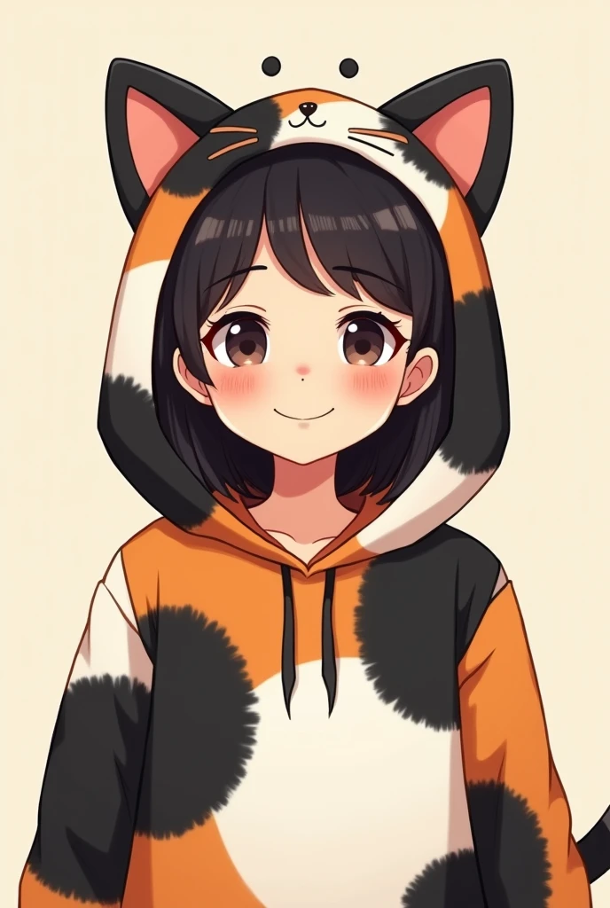 A smiling beautiful 50-year old Japanese woman wearing a cat costume with hoodies. The fur pattern should be that of calico cat: patches of white, black, and white. The costume doesn't have a cat face. It should show only above her chest. Make it cartoon like.