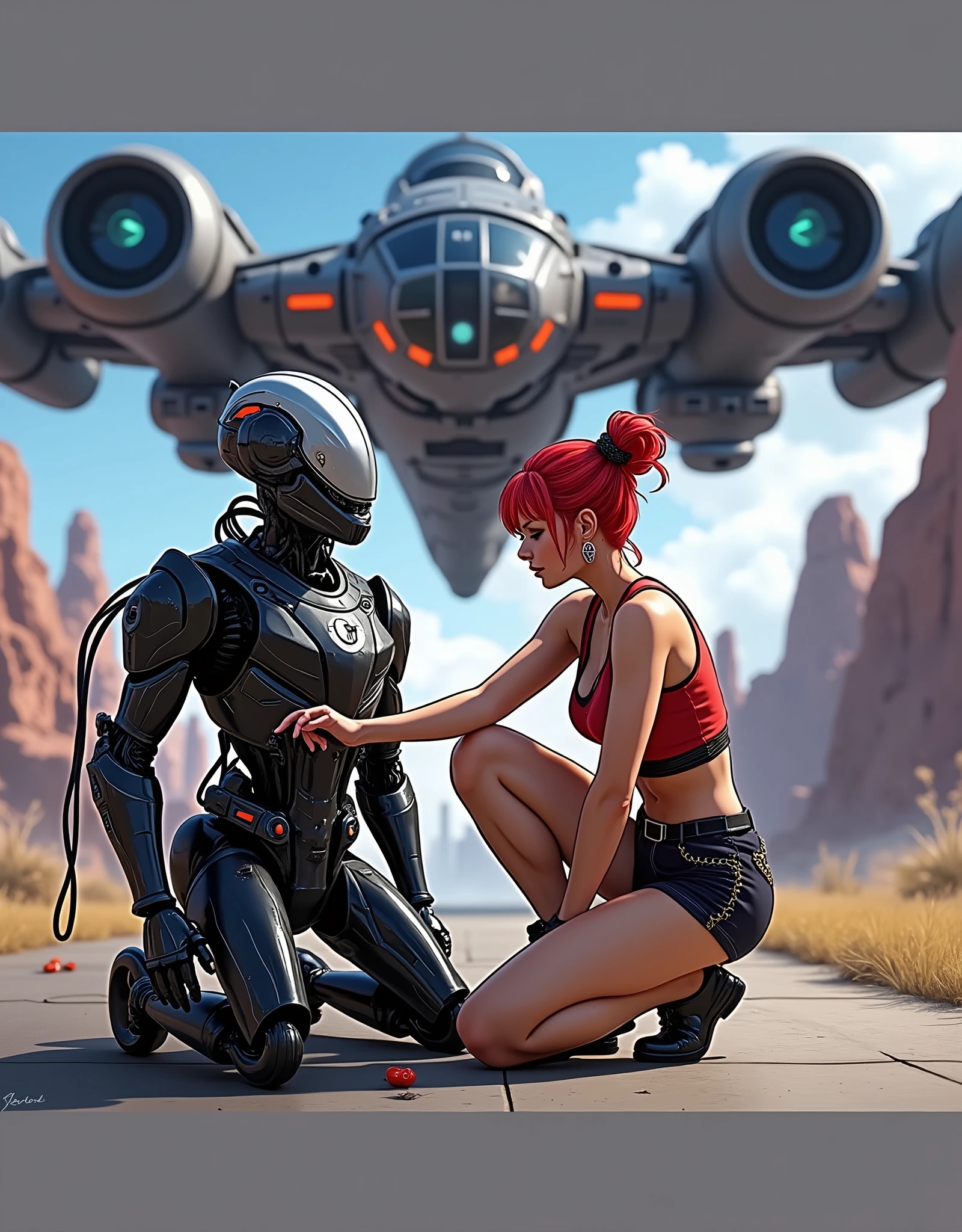 (((cyberpunk style with neon style mixed in))) sean taken from a low-angle perspectiv of a bright red haired woman in a red tank top and black shortsthat resenble a sexy repair uniform is sitting on the ground with a tool in hand fixing a broken robot. The robot is black and silver with ans is damaged, is positioned in front of her. The woman is looking at the robot and repairing it. In the background, a large silversleek futuristic cyberpunk spaceship is positioned against a backdrop of a clear blue sky with white clouds as it is landing at the cyberpunk looking spaceport.