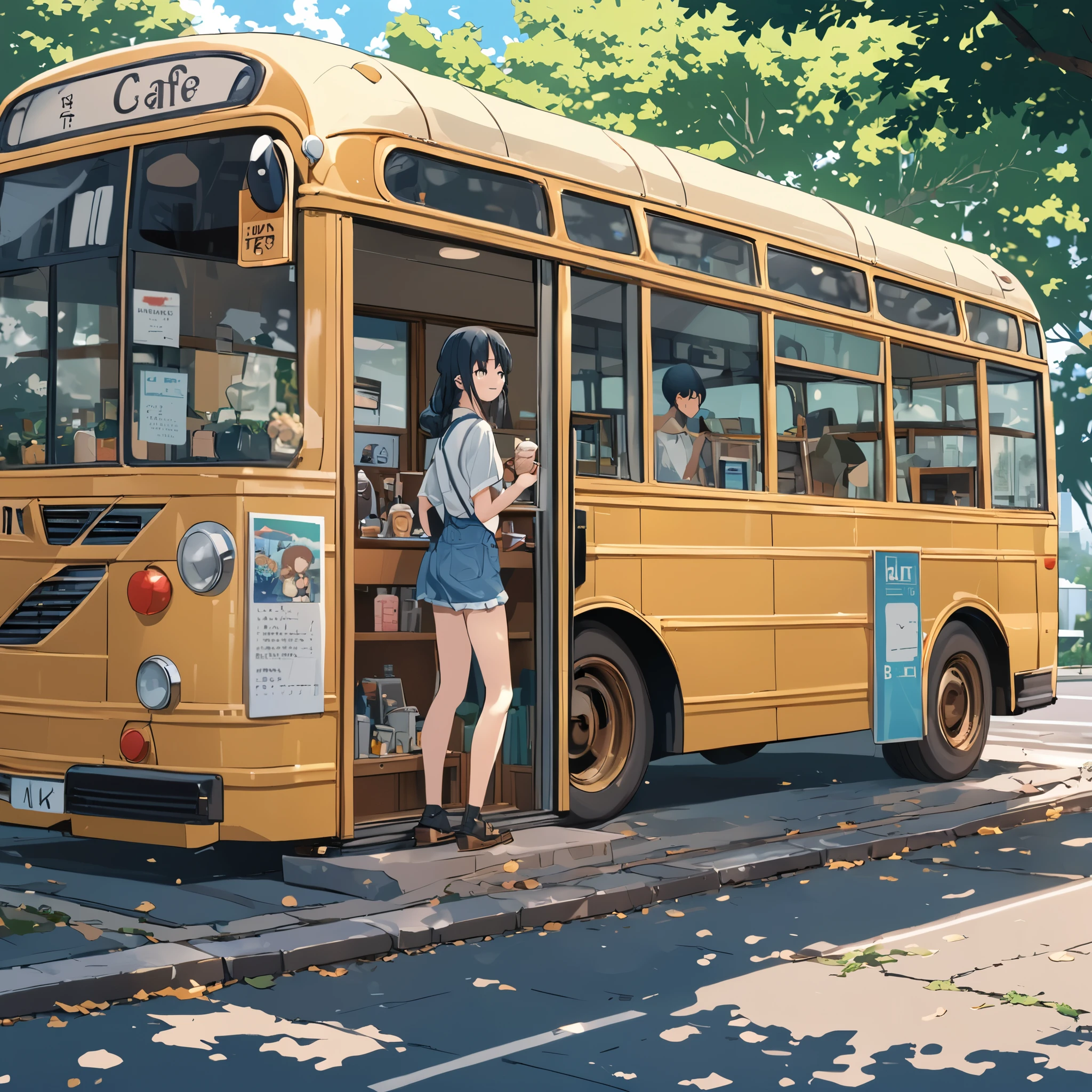 ((anime:1.4,figure)),(masterpiece, Highest quality, Highest quality),(Very detailed, The absolute solution),((16K, High resolution)), (((Cafe next to the bus))), ((anime:1.4,figure)),(masterpiece, Highest quality, Highest quality),(Very detailed, The absolute solution),((16K, High resolution)). break {Lofi Art, Laurie Griesley's style, Makoto Shinkai&#39;s Style, anime aesthetic}, break { (Generates images with over 40 million pixels of information with the detailed texture of films shot with Sony SLR cameras。).}