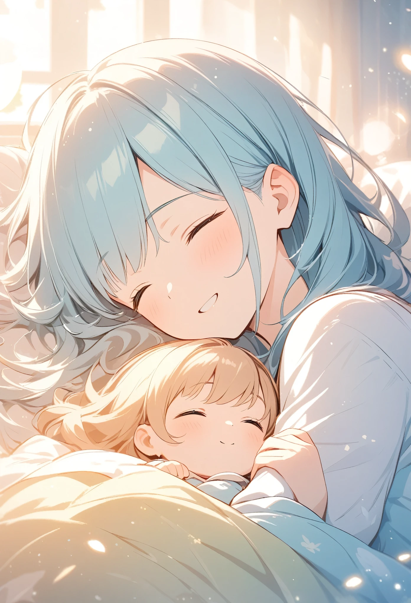 A mother sleeping with her child, a happy face, a cute sleeping face, soft colors, a happy scene, a warm piece,break,Light effects, light production