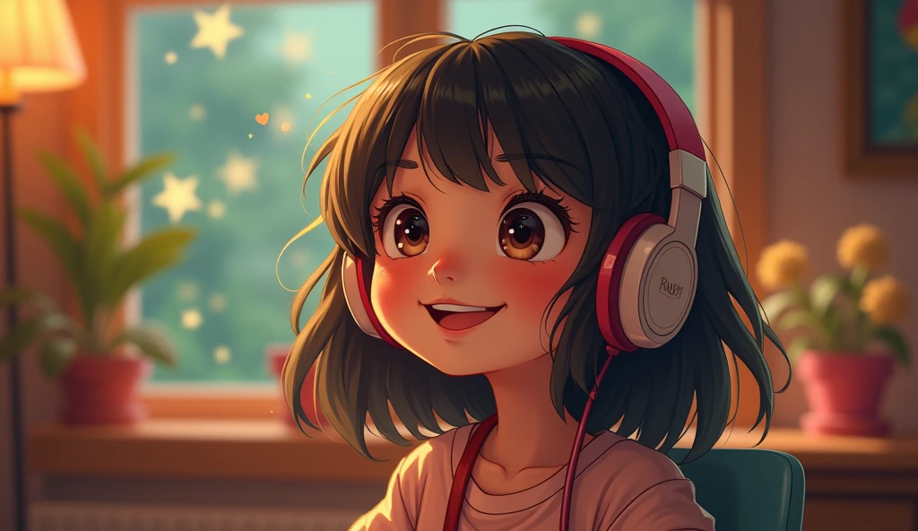 Perfect image, 8k, High girl listening to music in a cozy room,Big Breasts、 Using headphones, 2D-style animation, Lo-Fi, Magical World、A big smile、Shine、Retro