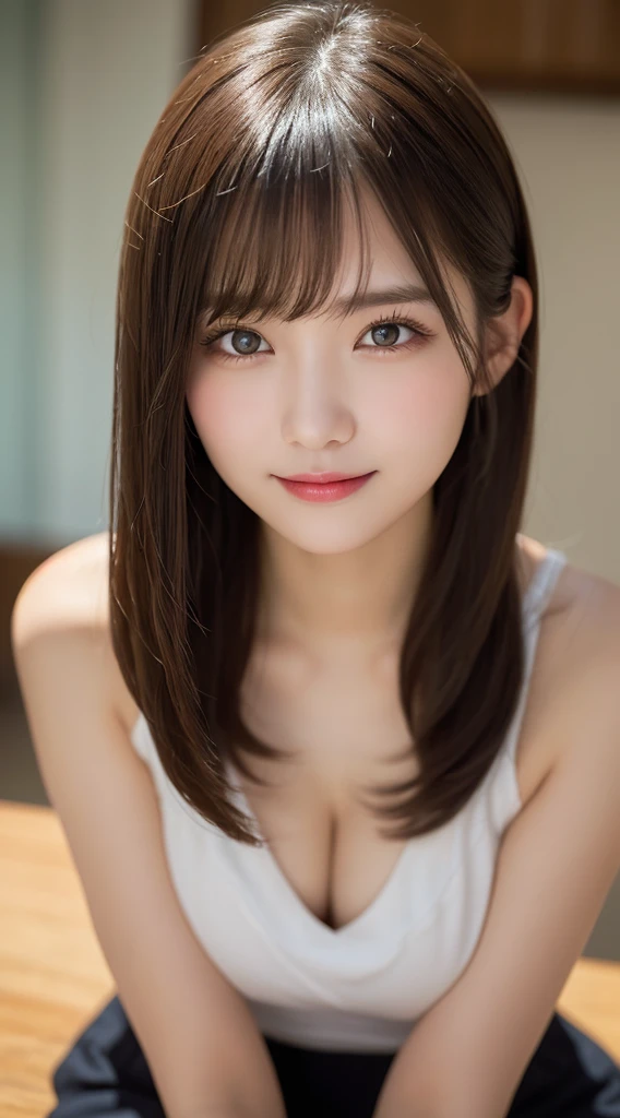 Tabletop, Highest quality, shape, Very detailed, finely, High resolution, 8k wallpaper, 完璧なダイナミックな構shape, Beautiful and detailed, Straight hair, Small breasts, Natural color lip, Random sexy poses,smile,20-year-old girl、Midnight、美しくDetailed face、Perfect and beautiful face,Big eyes、RAW Photos、Feminine pose expressed with the whole body、Beautiful and detailed、Small face、Beautiful Duplex、Slim face and figure,Beautiful golden ratio face,Twin ponytail,Bright expression,A shoot that focuses on beautiful legs、 (Get closer to the face, Make your face bigger, Face Focus:1.0), break, (masterpiece, Highest quality, Very detailed, Detailed face, 8k)、Actual Photos、Perfect and beautiful face、Blur the background、smile
