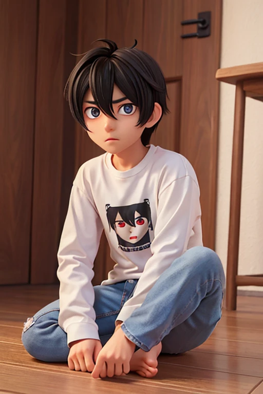 male、１６age、Black Hair、Unshaven、White T-shirt、Long sleeves、denim、Barefoot、neutral、Voluminous Hair、dark circles under the eyes、A bit of visual kei、