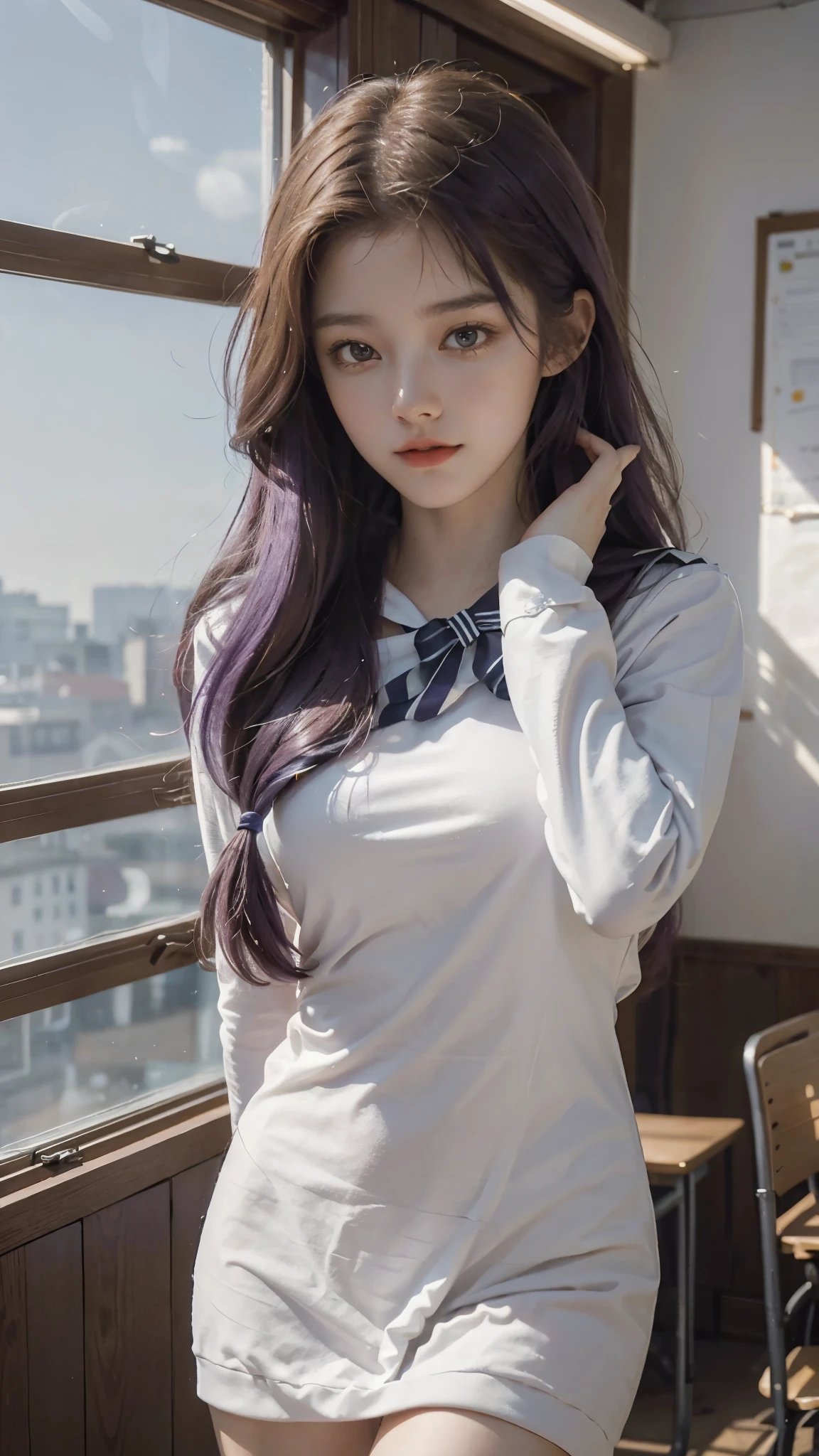 An eighteen-year-old young woman with long purple hair in a sailor suit sits in a classroom (school 1.5 in the background) (expression serious, cold 1.5) (best quality: 1.1) (masterpiece: 1.3) with an unparalleled masterpiece, surreal 8K, perfect artwork, super detail, best quality, masterpiece 4K wallpaper aesthetics, masterpiece, award-winning artwork, official art, cinematic lighting