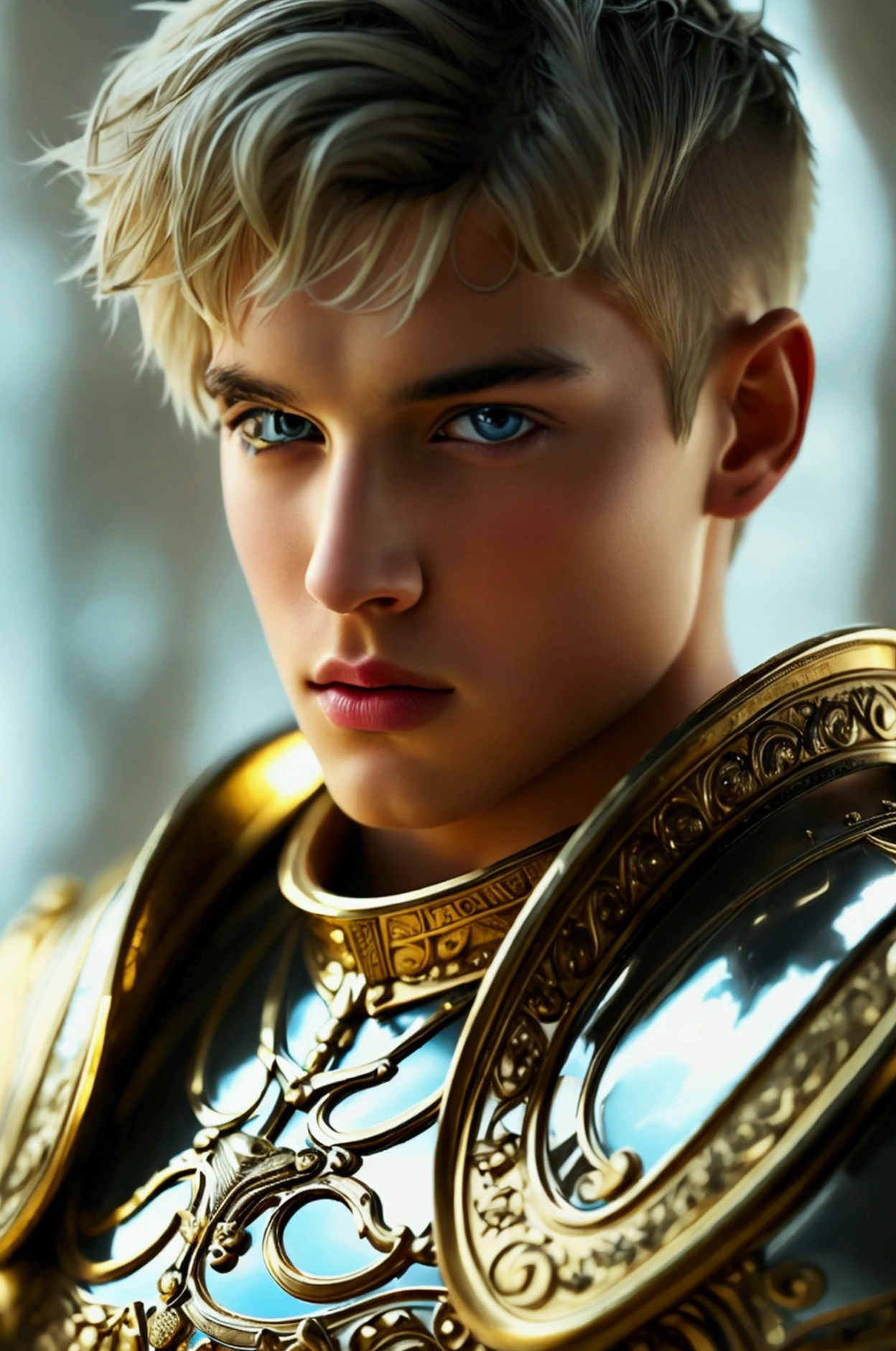 Best Quality, masterpiece, ultra high resolution, White background, realist, hades style, recanted from a 16 year old prince on the battlefield, Short blonde hair, amber eyes, Armor of the Imperial Prince, layer, depth of field