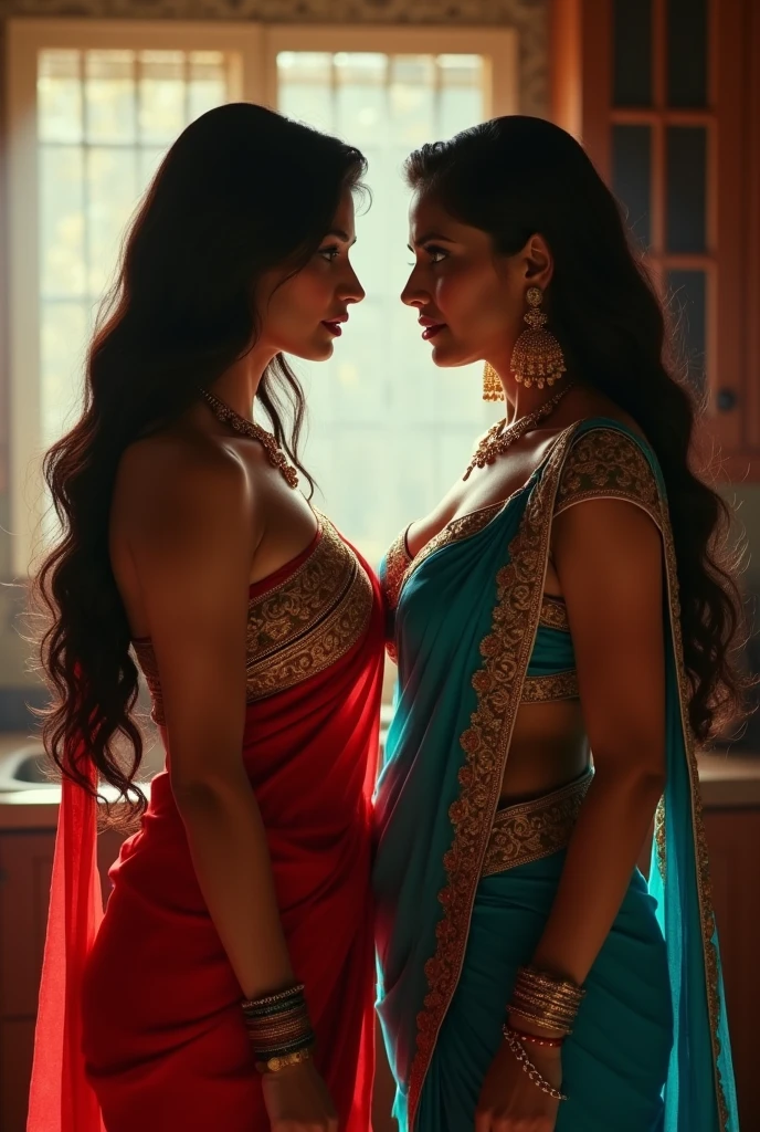 A sexy Indian wife with huge boobs wearing sexy red party wear saari long clevage standing nose to nose with her rivals women who wearing blue sexy saari long clevage big boobs both women standing in kitchen staring each other angrily look like bollywood actress