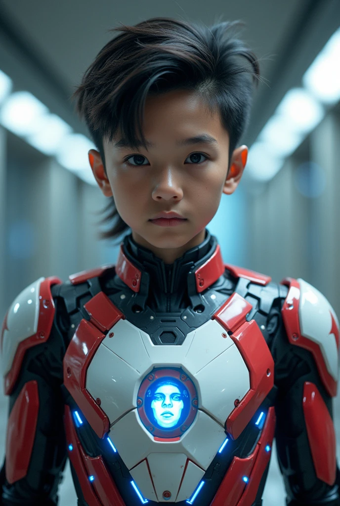 .a boy wearing a red and white exoskeleton armor, a robot face on his chest , malaysian mullet hairstyle, detailed face and eyes, highly detailed, 8k, photorealistic, cinematic lighting, concept art, sci-fi. Led light blue.led light robot face on body Punisher. Marvel. Alien robot face on body. Mechamato. Robot face on chest. Talking robot on chest. Robot emoji on body. Panel line. Robot eyes blue led