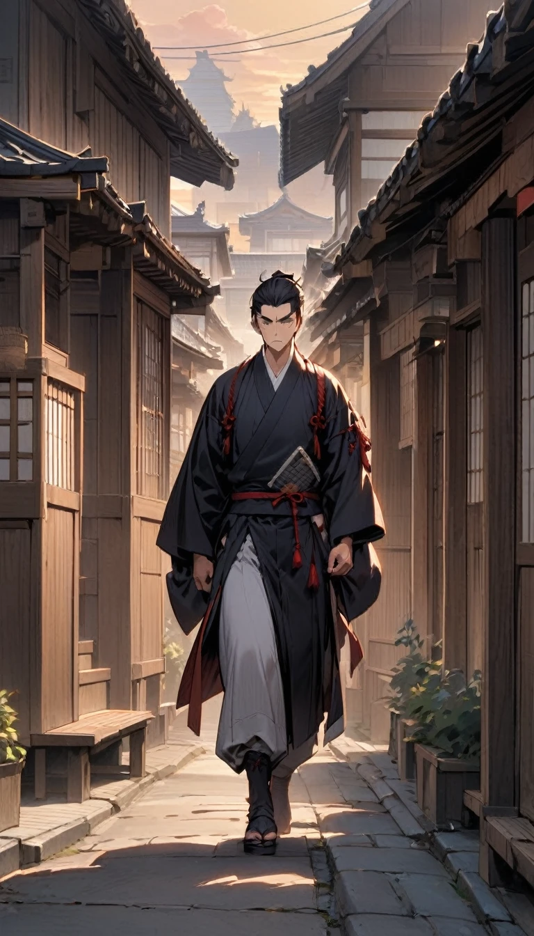 "A historical Japanese town at sunset, with traditional wooden buildings lining the street. A lone samurai with a stern expression walks down the street, his katana at his side, wearing a dark kimono."