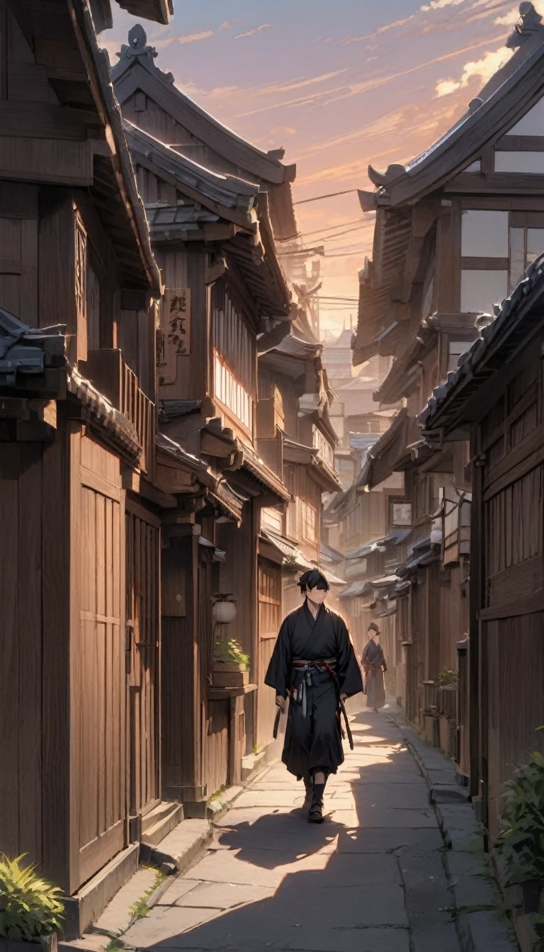 "A historical Japanese town at sunset, with traditional wooden buildings lining the street. A lone samurai with a stern expression walks down the street, his katana at his side, wearing a dark kimono."