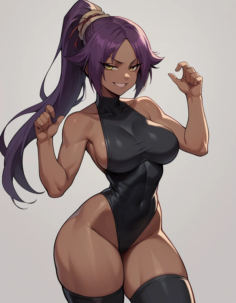 score_9, score_8_up, score_7_up, score_6_up, score_5_up, score_4_up, 1girl, hot, big breasts, slender waist, wide hip, thick thighs, big ass, smile face, smug, half closed eyes, dark-skinned female, dark skin, purple hair, ponytail, yellow eyes, yoruichi shihouin, long hair, black thighhighs, thong leotard bodysuit, black thong leotard bodysuit, Standing with arms extended straight out to the sides, forming a "T" shape with the body