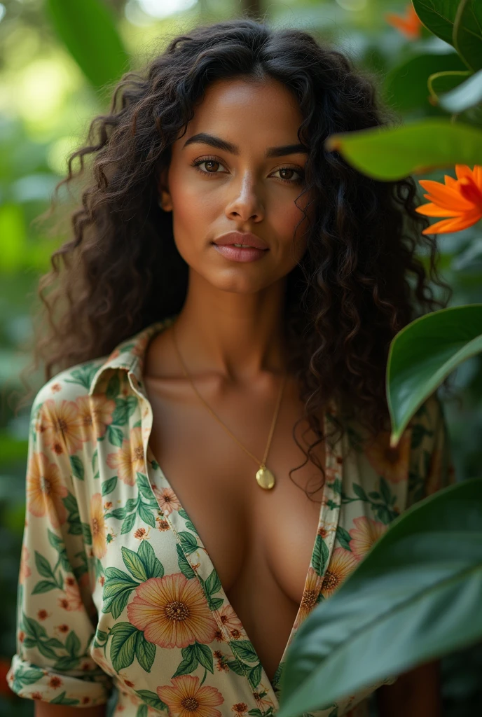 A Brazilian woman in a lush tropical garden, wearing an open shirt with a floral print, with a close-up capturing the harmonious beauty between her breasts and the natural flowers, showing off your natural charm and outgoing personality.