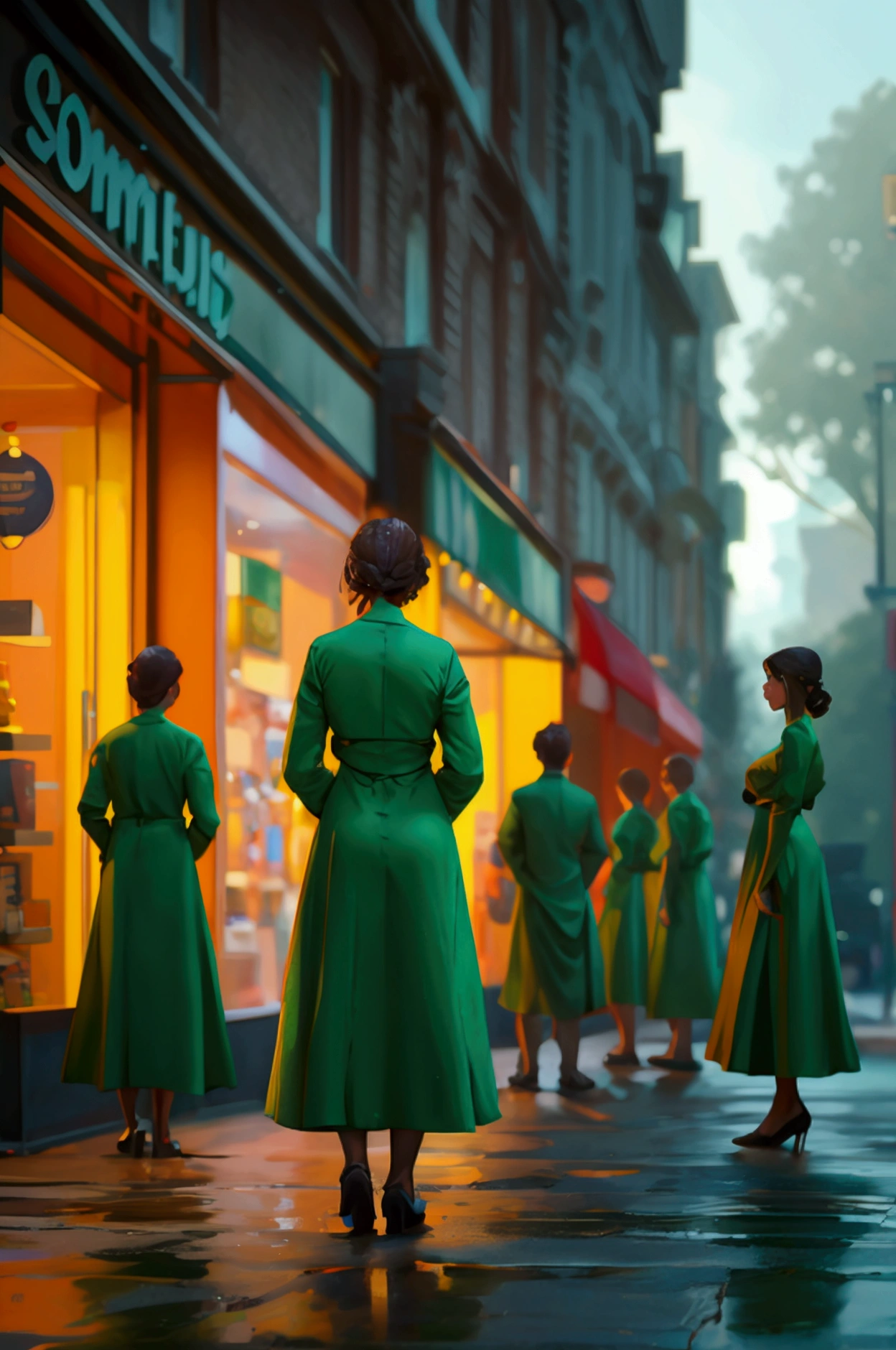 group of people in green dress standing in front of a store, movie announcement,  realistic,