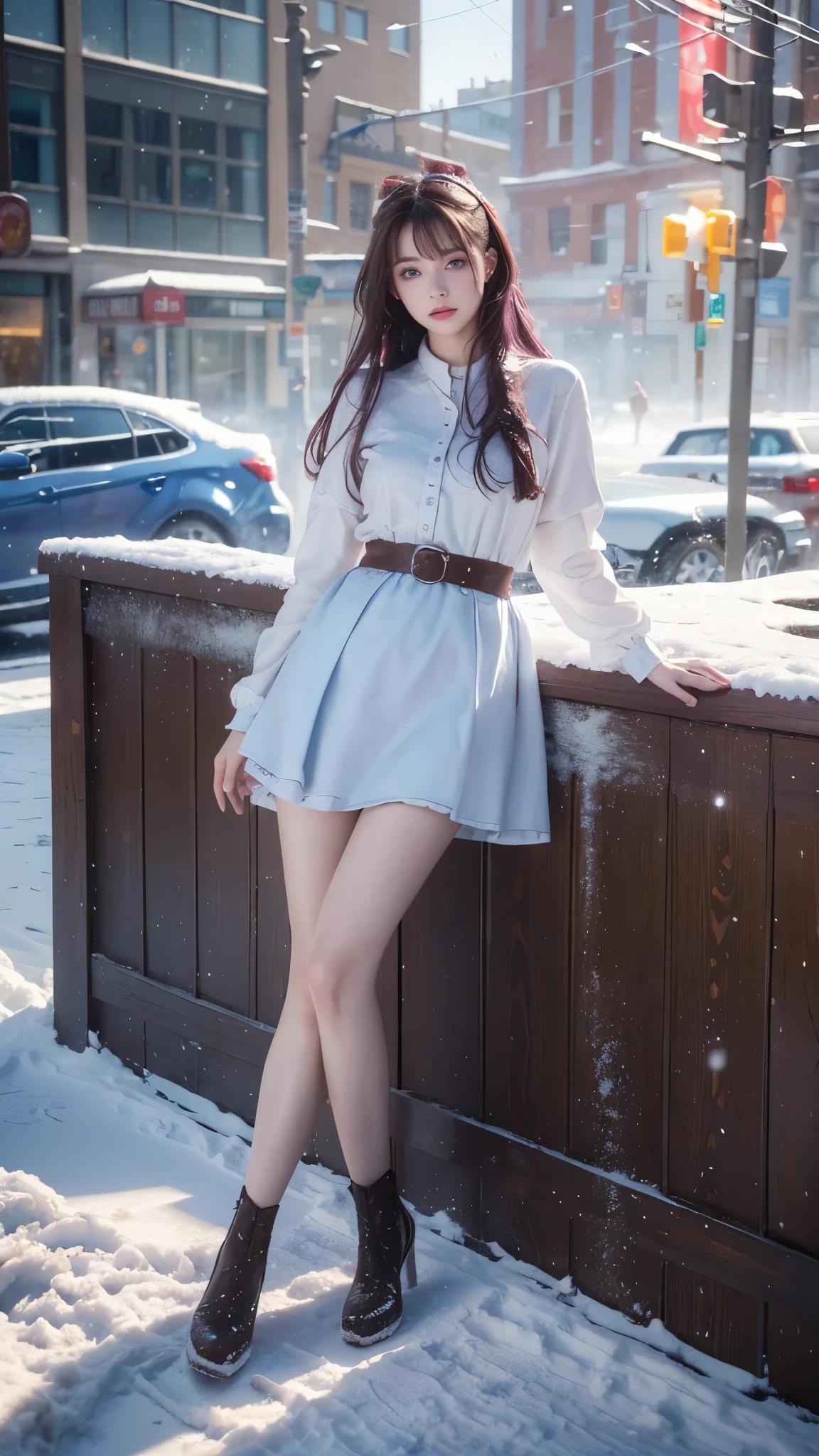 (otherworldly), highly insanely detailed, masterpiece, top quality, best quality, highres, 4k, 8k, RAW photo, (very aesthetic, beautiful and aesthetic), EclipseNightmareBunny,eclipse_(brown_dust_2),brown_dust_2,brown_dust,very long hair, purple  hair, blue eyes,colored inner hair,black hair,standing by the walls of the cafe, table on the street, book lying on the table,shadow,floating,flying, (1girl:1.3), beautiful blue eyes, medium breasts, red skirt, powerful legs  , chain at the waist, car, solo focus, winter,(snowylandscape,snowflake,city snowy street view:1.2),lightning glare,floating cloud,fog,foggy,