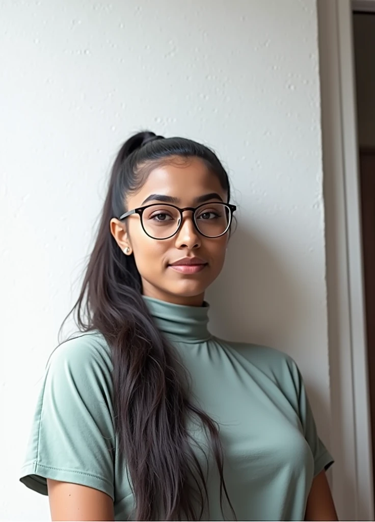 Dark Brown skinned indian 23 years old girl, almond eyes, simple glasses, High ponytail, sage high neck shirt, simple spectacles, photorealistic, potrait 