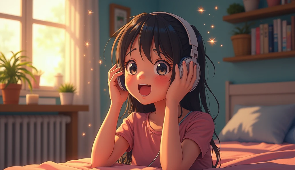Perfect image, 8k, High school girl listening to music in a cozy room,Big Breasts、 Using headphones, 2D-style animation, Lo-Fi, Magical World、A big smile、Shine、Retro、Anime style illustrations
