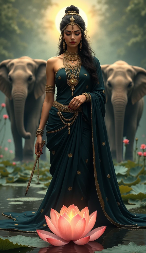 Goddess Lakshmi as a in a black saree with golden ornaments, surrounded by elephants and a water lotus.