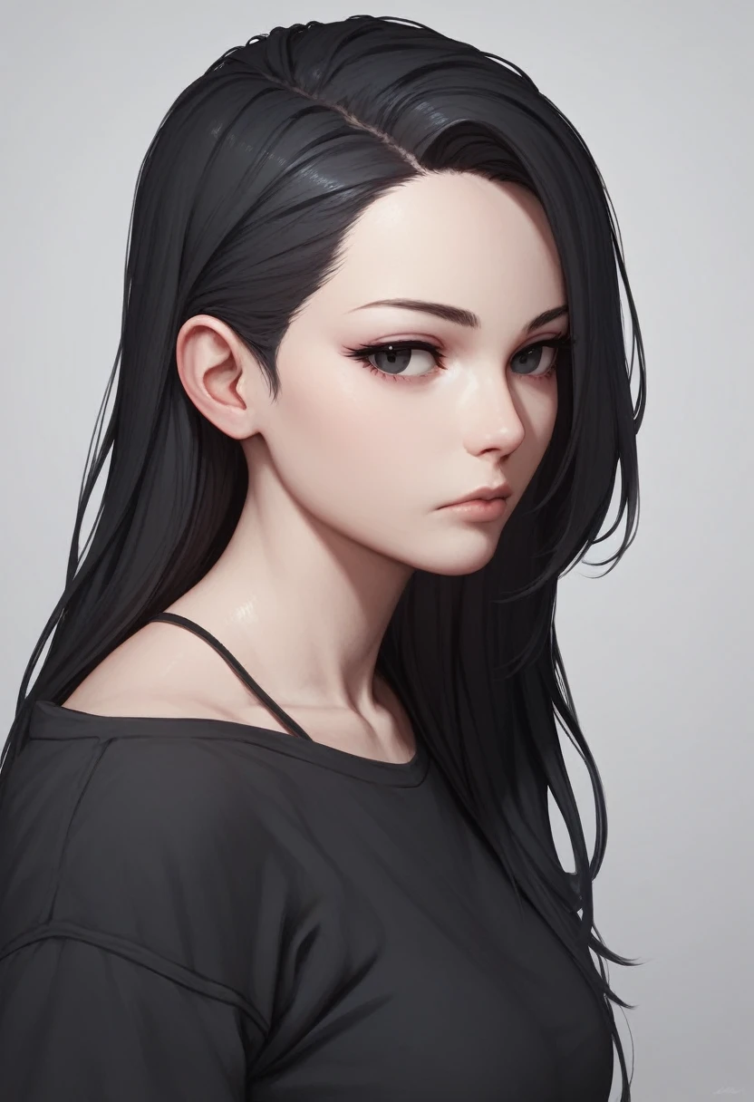 Girl avatar，k hd，4K，face expressionless，style of anime，sideface，white backgrounid，black long hair hairstyles and black eyes 