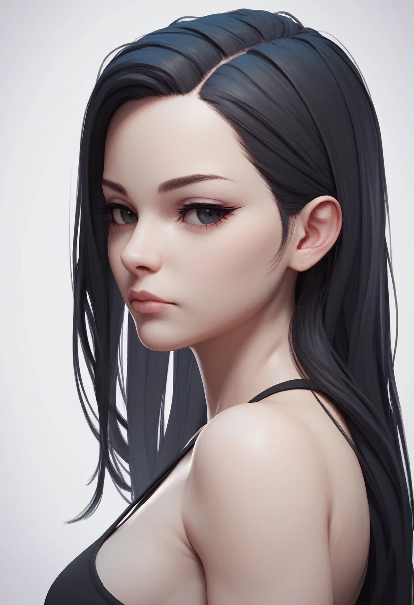 Girl avatar,k hd,4K,face expressionless,style of anime,sideface,white backgrounid,black long hair hairstyles and black eyes