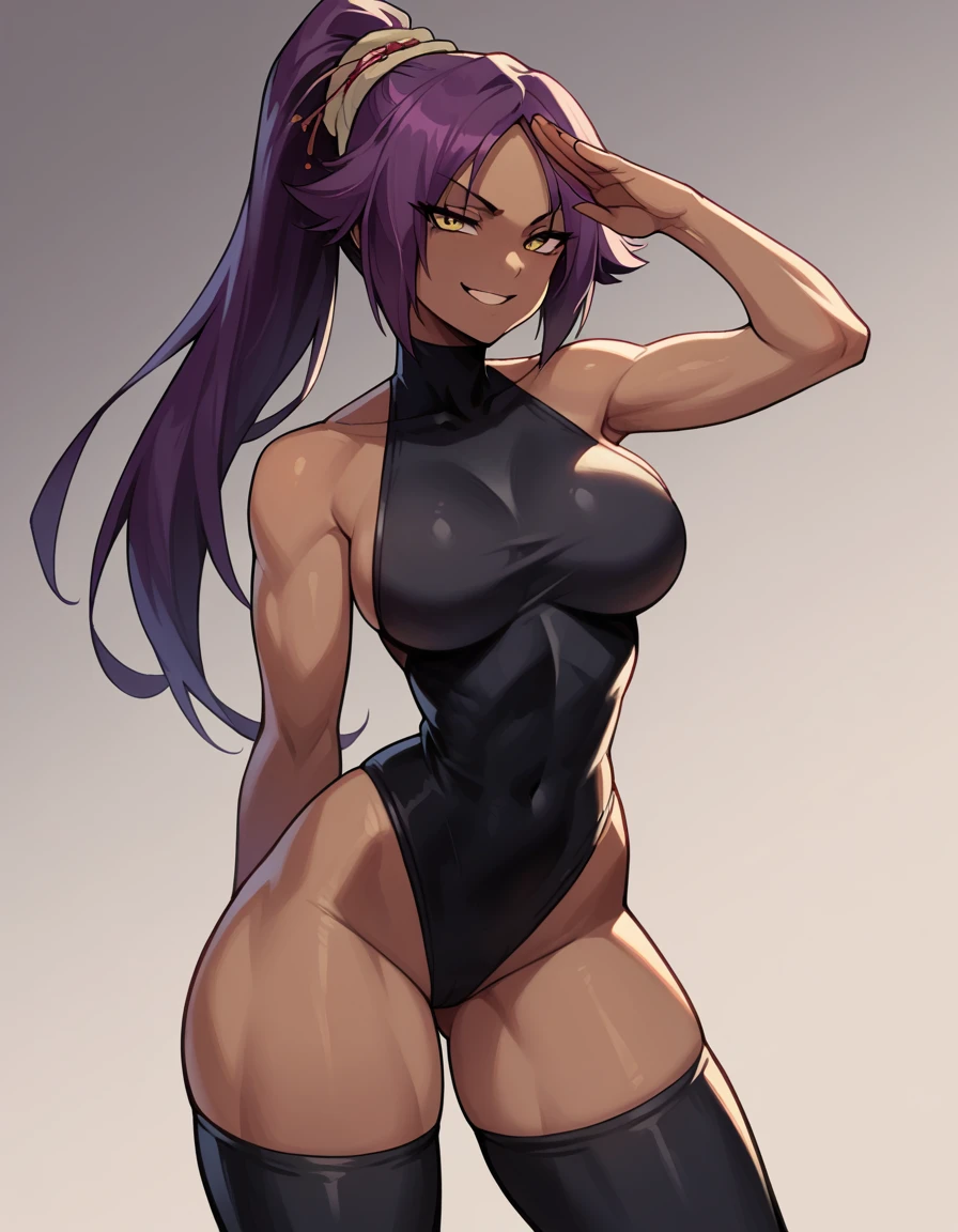 score_9, score_8_up, score_7_up, score_6_up, score_5_up, score_4_up, 1girl, hot, big breasts, slender waist, wide hip, thick thighs, big ass, smile face, smug, half closed eyes, dark-skinned female, dark skin, purple hair, ponytail, yellow eyes, yoruichi shihouin, long hair, black thighhighs, thong leotard bodysuit, black thong leotard bodysuit, Standing with one arm raised in a salute