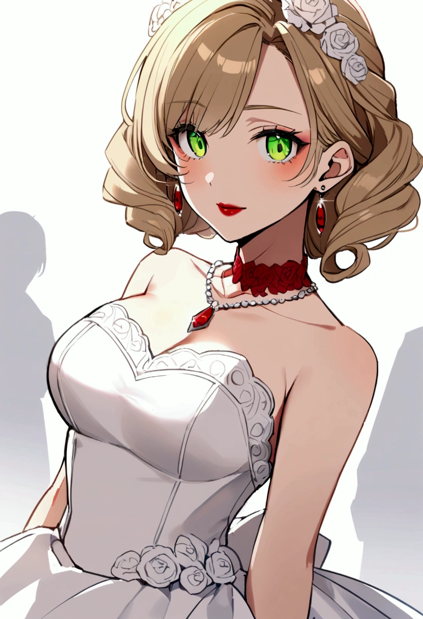 40 year old girl with curly dark blonde hair, yellow eyebrows, green eyes, dark red lipstick, red necklace, white earrings, wedding dress