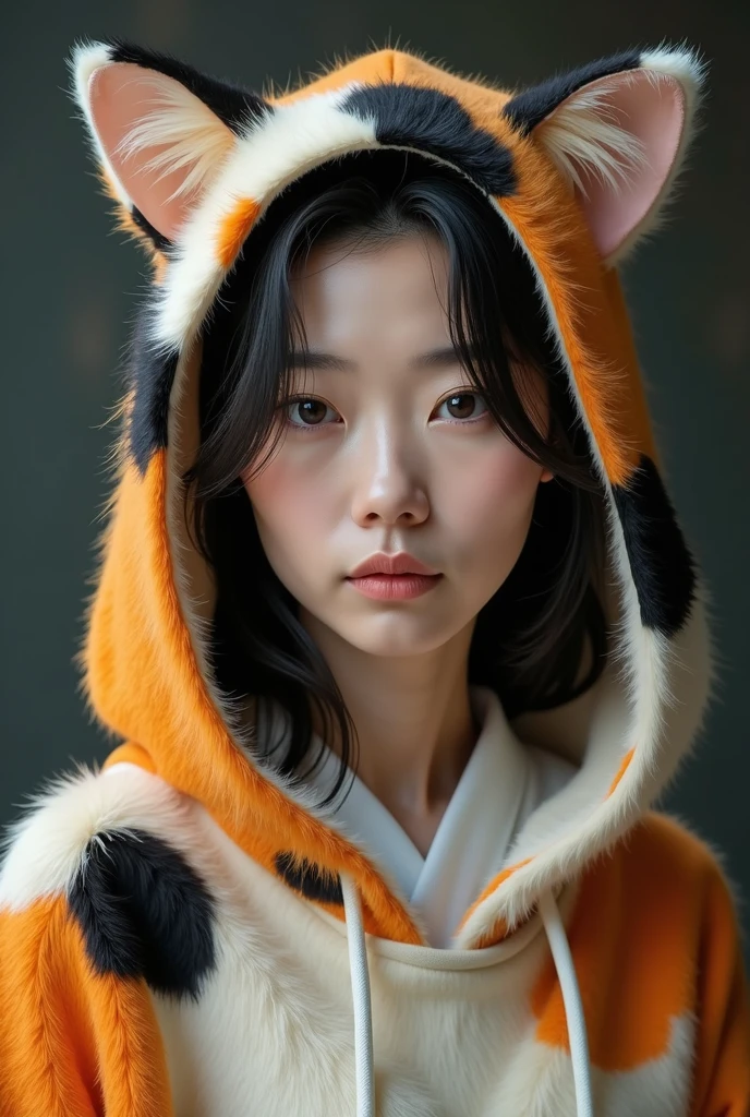 A beautiful 50-year old aged Japanese woman wearing a cat costume with hoodies. The fur pattern should be that of calico cat: patches of white, black, and white. The costume doesn't have a cat face. It should show only above her chest.