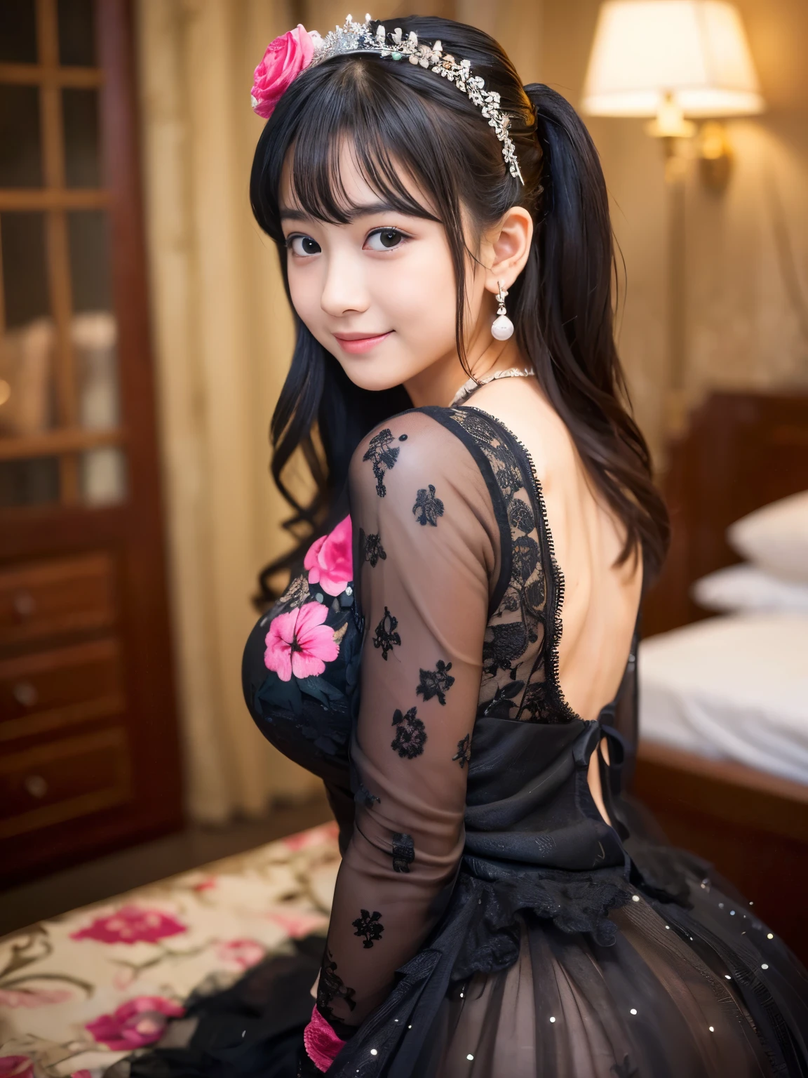 (Best-quality, Masterpiece, Ultra-High-Resolution, (Photorealistic:1.4), Raw Photo, depth of field, professional lighting, perfect anatomy, extremely details), (1girl, 15-years-old, the most famous Japanese idol, in luxury-hotel-room, booty-pose, (innocent smile)), (((extremely cute pretty-face), ((extremely cute and extremely big black-eyes)), ((extremely beautiful and extremely realistic skins)))), (((wearing gorgeous dress)))